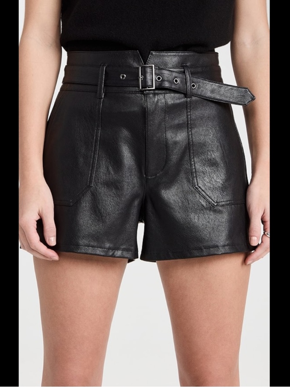 PAIGE Black High-Waist Leather Belted Shorts